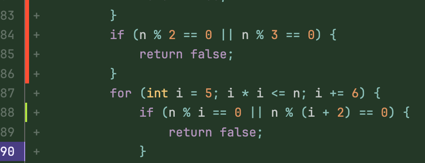 Merge request diff view showing coverage indicators with red bars for uncovered lines and green bars for covered lines.