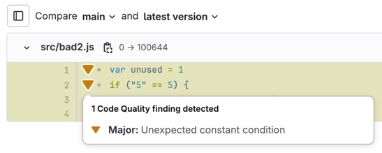 Lines in a merge request's changes tab marked with a symbol to indicate code quality issues
