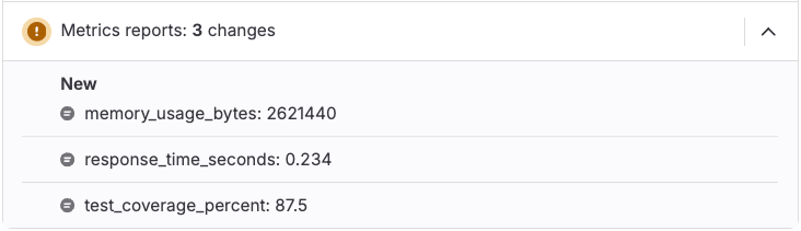 Metrics report widget in a merge request displaying metric names and values.