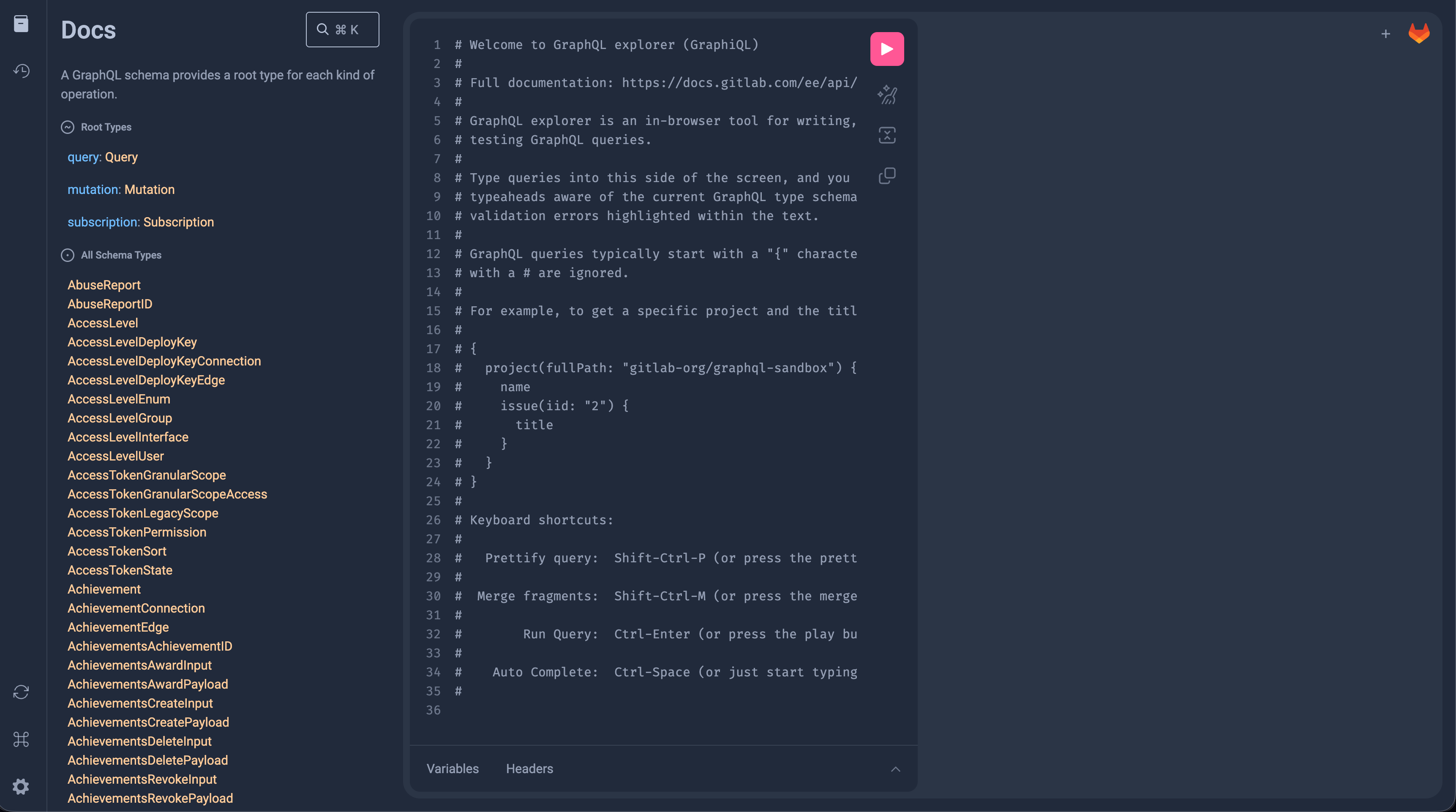 GraphiQL interface showing an entry in the Documentation Explorer