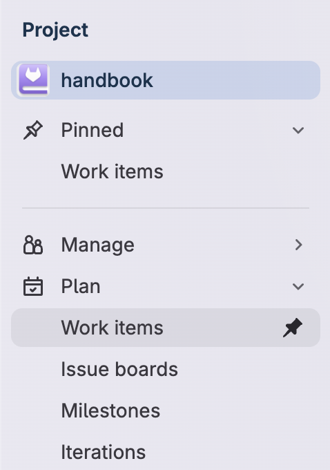 Sidebar showing the "Manage" and "Plan" menu items under the project header. Under the plan header, the "Work items" link is highlighted.