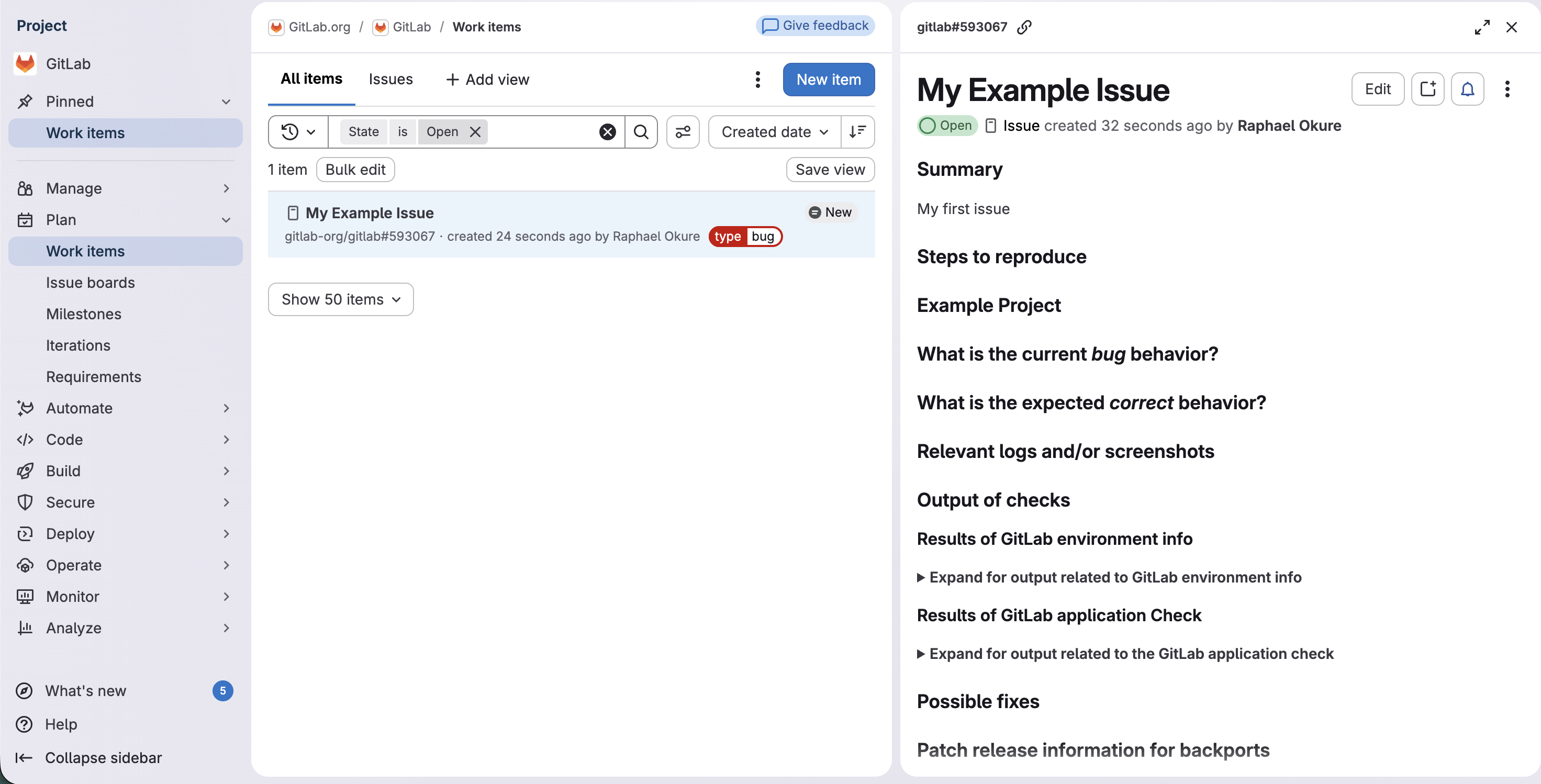 Issue opened in a panel side by side with the Issues panel.