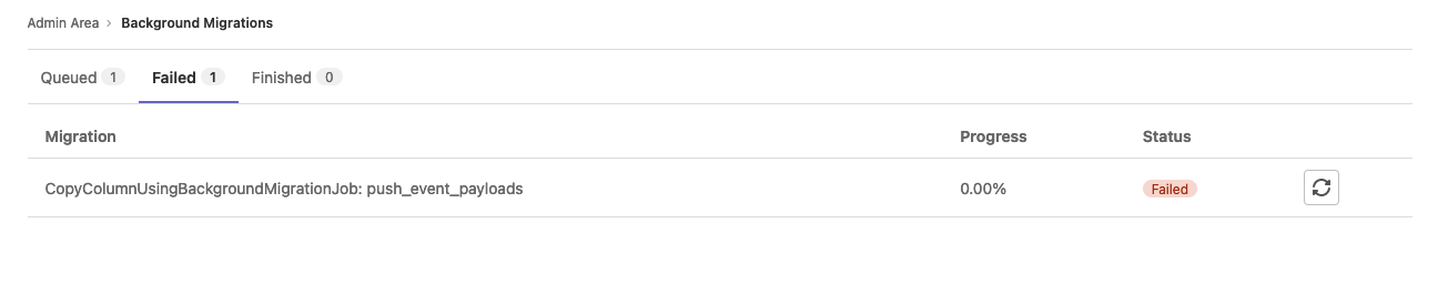 A failed batched background migrations table.